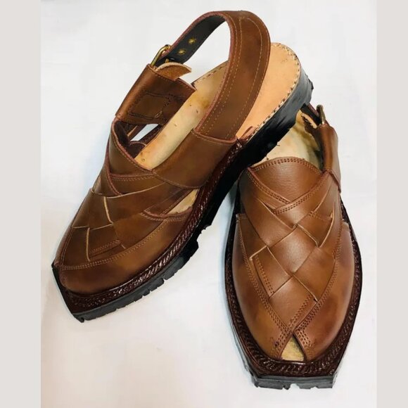 Brown Leather Sandals, Unique Style Handmade Peshawari Chappal - Picture 3 of 9